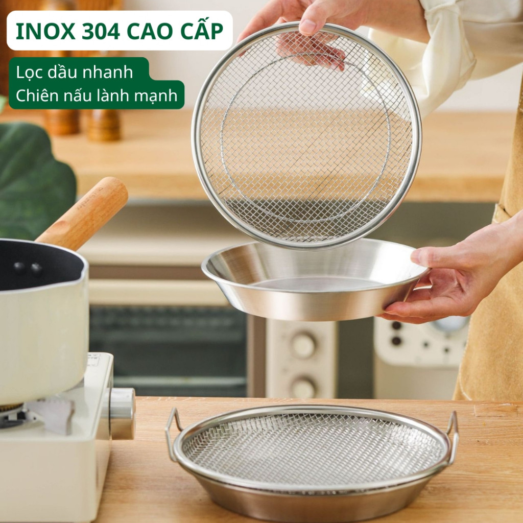 Set khay đĩa kèm vỉ lưới lọc dầu inox 304 ráo dầu nhanh, dùng chiên rán – hấp – rửa thực phẩm