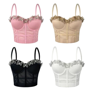 Bộ đồ camisole vest lưới gạc gợi cảm có xương cá corset, làm từ nhựa xương cá, dáng slim-fit