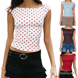 Áo thunCrop-top nữ mùa hè, tay ngắn, cổ thuyền, in chấm bi nhỏ, vừa vặn