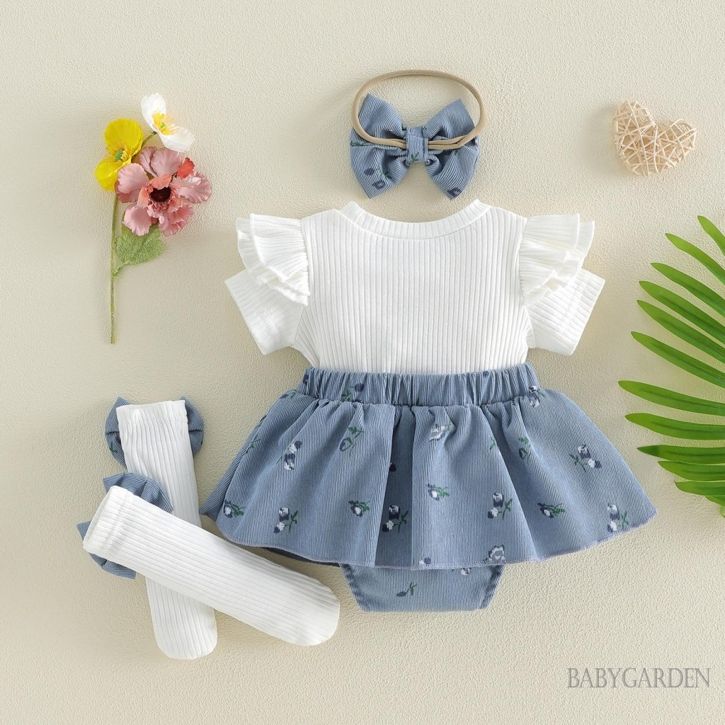 Bộ trang phục mùa hè cho bé gái Váy ngắn tay áo liền quần + Tất dài + Bộ băng đô Quần áo sơ sinh