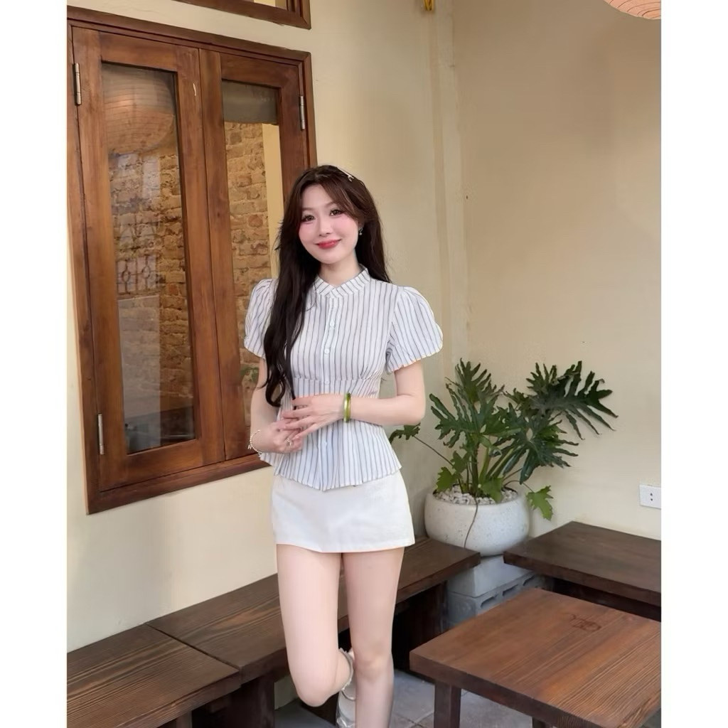 Áo sơ mi cổ tàu KENCO chiết eo kẻ linen xinh tay phồng - A9067