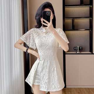 Bộ váy và quần short hai mảnh kiểu Trung Quốc, tay chuông phối ren, dáng ôm, phong cách mùa hè mới.
