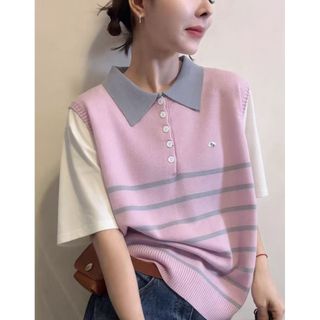 Áo Polo Sọc Tay Ngắn Cho Nữ, Phong Cách Hàn Quốc, Thích Hợp Mùa Hè