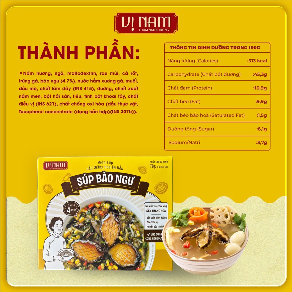 Viên súp sấy thăng hoa ăn liền: Súp bào ngư - Vị Nam Foods - Canh lười, tiện ích, bổ dưỡng