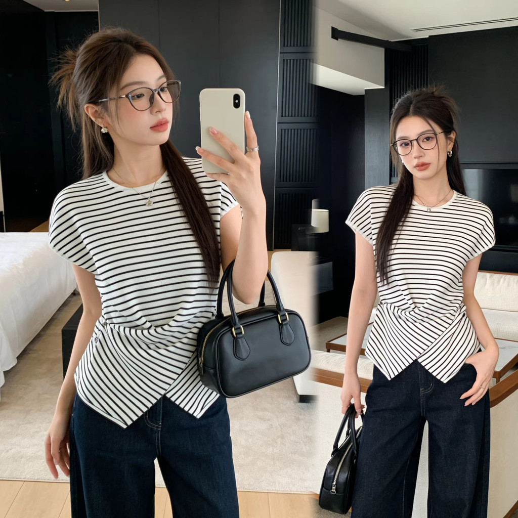 SUXI Áo thun ngắn tay phong cách Hàn Quốc sọc, phù hợp mùa hè 260316