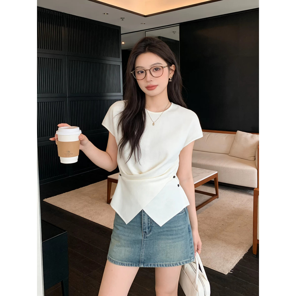 SUXI Áo thun ngắn tay phong cách Hàn Quốc sọc, phù hợp mùa hè 260316