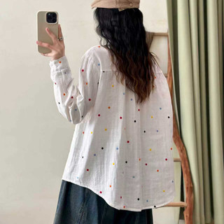 [Hàng có sẵn] Áo sơ mi nữ 100% sợi cotton chất lượng cao thêu cotton mùa xuân mềm mại Áo giảm béo thông thường mới