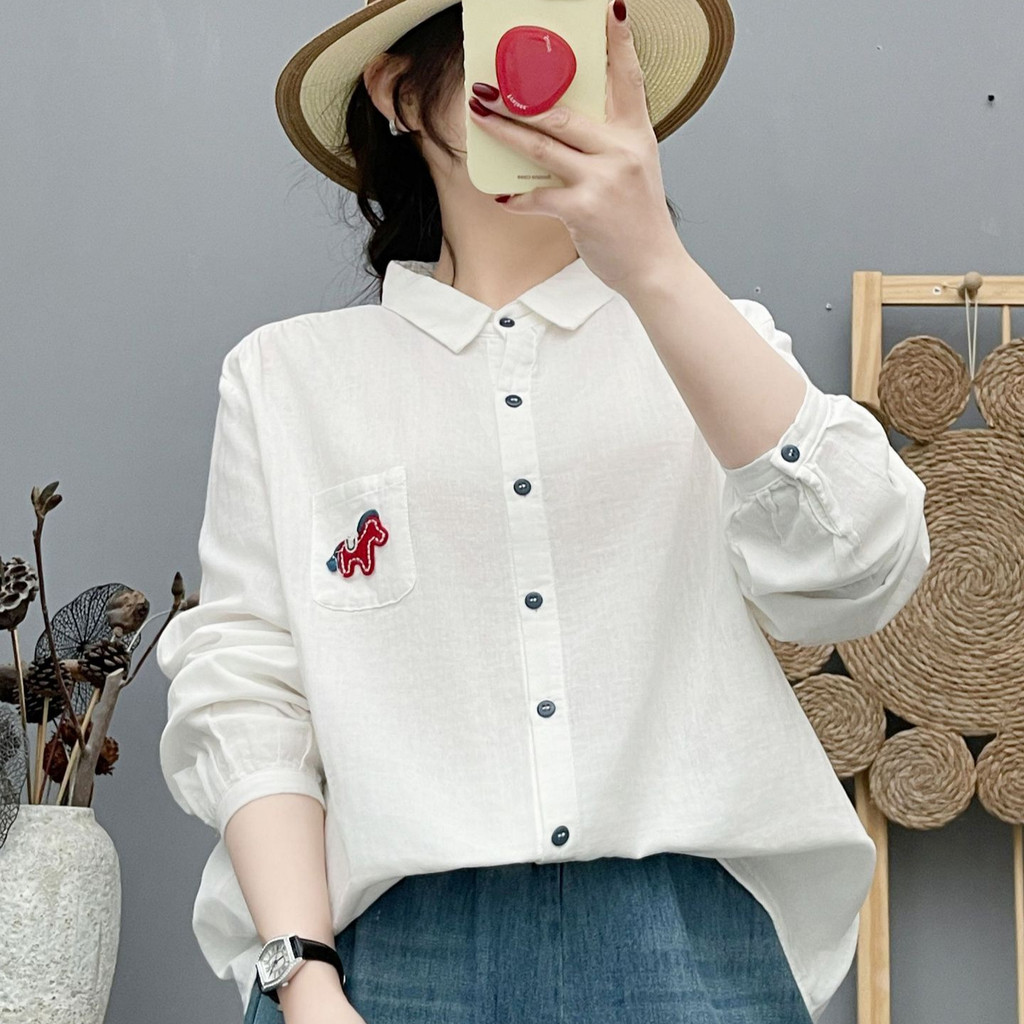[Hàng có sẵn] Áo sơ mi nữ 100% cotton chất lượng cao, retro art, thiết kế thoải mái với túi và chi tiết thêu pony