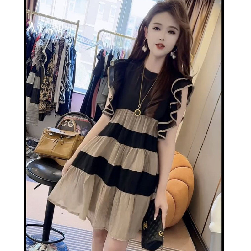 Váy Liền Không Tay,Kiểu Tây Trẻ Trung Ngọt Ngào,Mẫu Mới Mùa Hè, Váy Dài Vừa Màu Tương Phản Màu Sọc Thon Gọn Rộng Rãi
