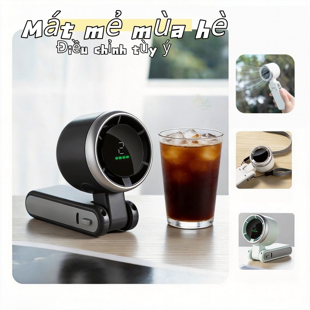【Bán chạy】Quạt cầm tay tua-bin: Gió mạnh, 5 cấp tốc, hiển thị số. Mini đeo cổ, gấp gọn tiện lợi!