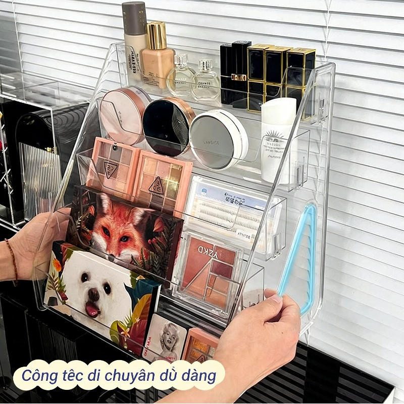 Giá để bàn dạng bậc thang 5 tầng trong suốt chất liệu PET, đa năng cất giữ mỹ phẩm, kính mắt