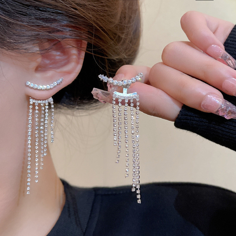 Bông tai dài nữ, tua rua và kim cương giả, thiết kế vàng mới cá tính