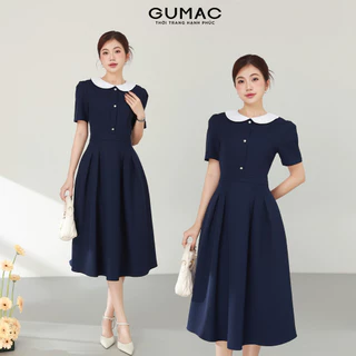 Đầm nữ A xòe GUMAC màu xanh đen thiết kế cổ bâu trắng có túi phù hợp công sở đi chơi  LDE0821