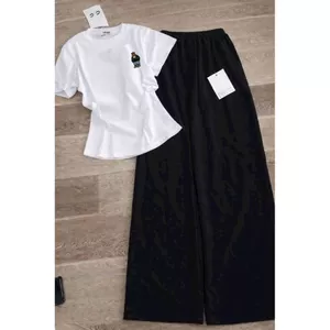 Sét bộ quần dài chun đen hách dáng +mix áo croptop tăm lạnh hình gấu xanh in ng ự c