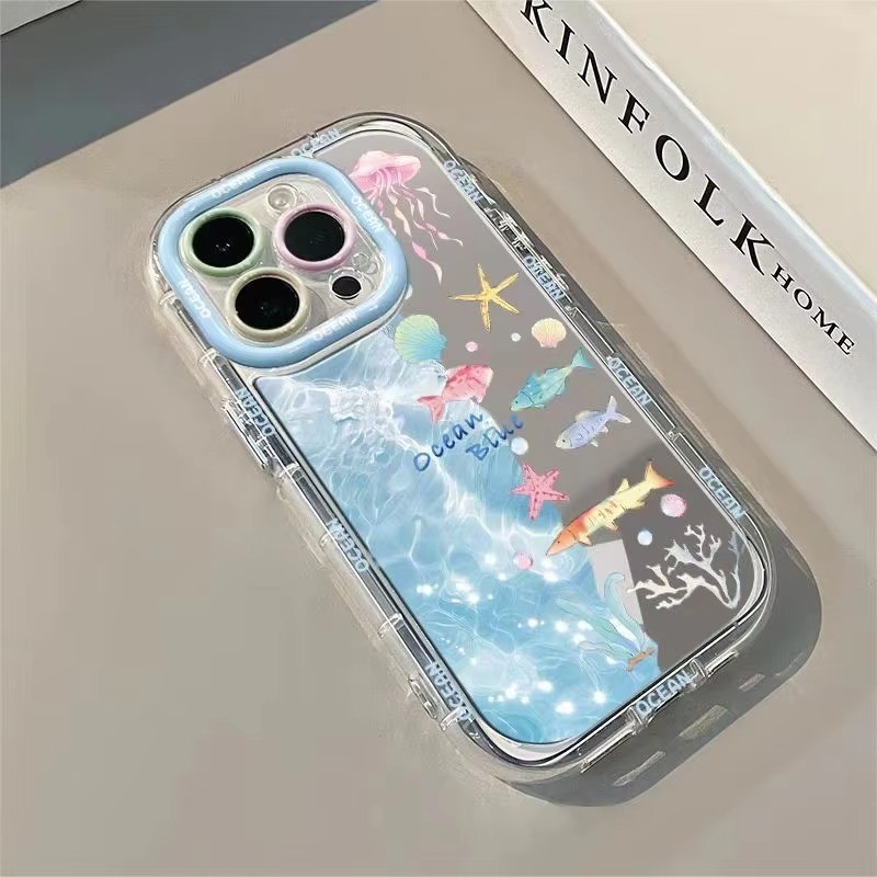 INS Thời Trang Xanh Đại Dương Gương Thiết Kế Ốp Lưng Điện Thoại iPhone 17 16 15 14 13 12 11 Pro Max 7 8 Plus XR X XS Max 16E Mềm Chống Sốc