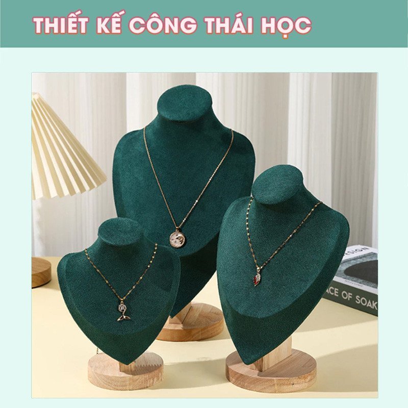 Giá trưng bày dây chuyền trên ma-nơ-canh, chất liệu nhung cao cấp, tượng bán thân, hộp trưng bày dây chuyền và bông tai.