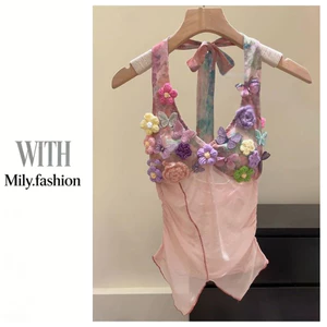 Milyfashion - Áo dây thiết kế ba chiều thêu họa tiết kỳ nghỉ ngọt ngào, có miếng lót ngực, cổ sling mỏng không đều