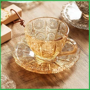 Bộ Ly, Cốc Thủy Tinh Kèm Đĩa Lót Họa Tiết Hoa Hướng Dương Dùng Uống Trà Cà Phê Decor Quán Cà Phê, Phòng Khách