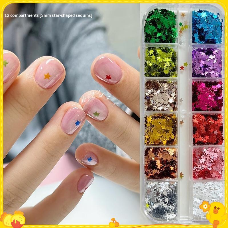 [Gengli] 12 Lưới Ngôi Sao Kim Sa Lấp Lánh Ngôi Sao Năm Cánh Nhiều Màu Sắc Móng Tay Nghệ Thuật Quyến Rũ Lấp Lánh 3D Móng Tay Đinh Tán Trang Trí Móng Tay DIY Phụ Kiện Làm Móng Tay
