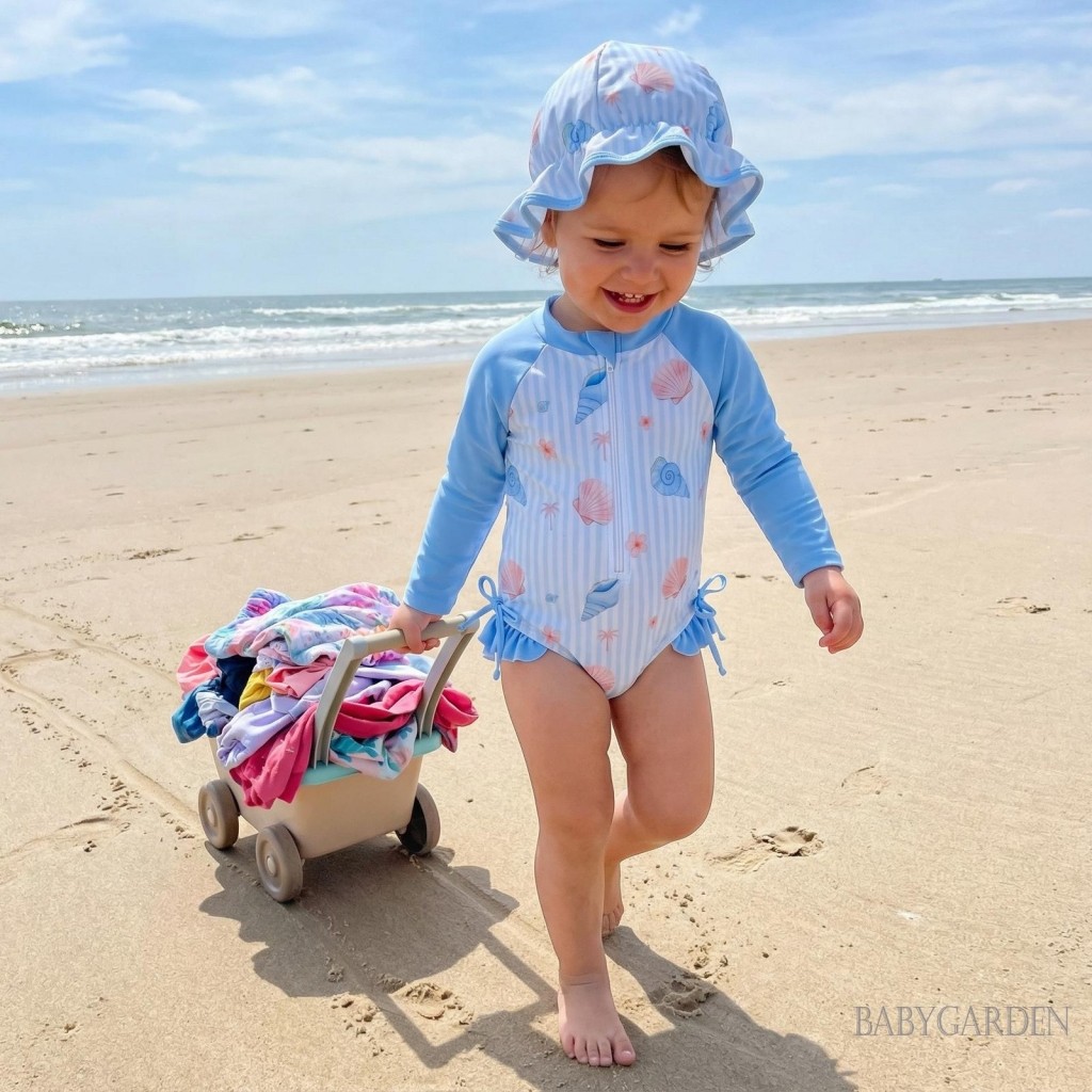 Bộ đồ bơi bé gái mới biết đi Bộ đồ bơi vỏ sò hoa dài tay Rash Guard Bộ đồ tắm có mũ chống nắng Trang phục 2 mảnh