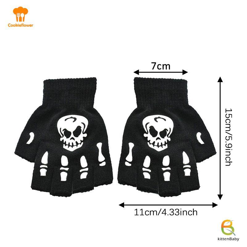 [Mèo con] Găng tay phong cách Halloween thời trang Dạ quang Kinh dị xương xương Skeleton Găng tay nửa mới lạ Unisex Găng tay ấm hơn mùa đông Găng tay mới