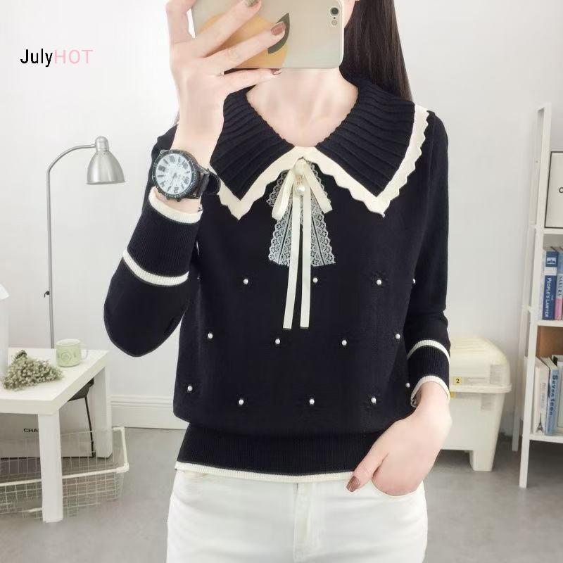 Áo len Hàn Quốc dành cho nữ với nơ ngọt ngào cổ búp bê và đính hạt