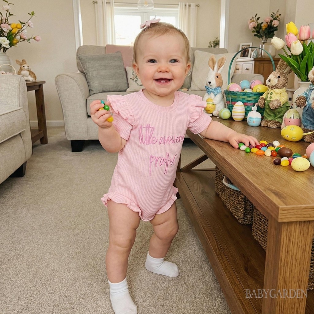 Bé Gái Phục Sinh Áo Liền Quần Chữ Thêu Xù Viền Tay Ngắn Cổ Tròn Sơ Sinh Jumpsuit