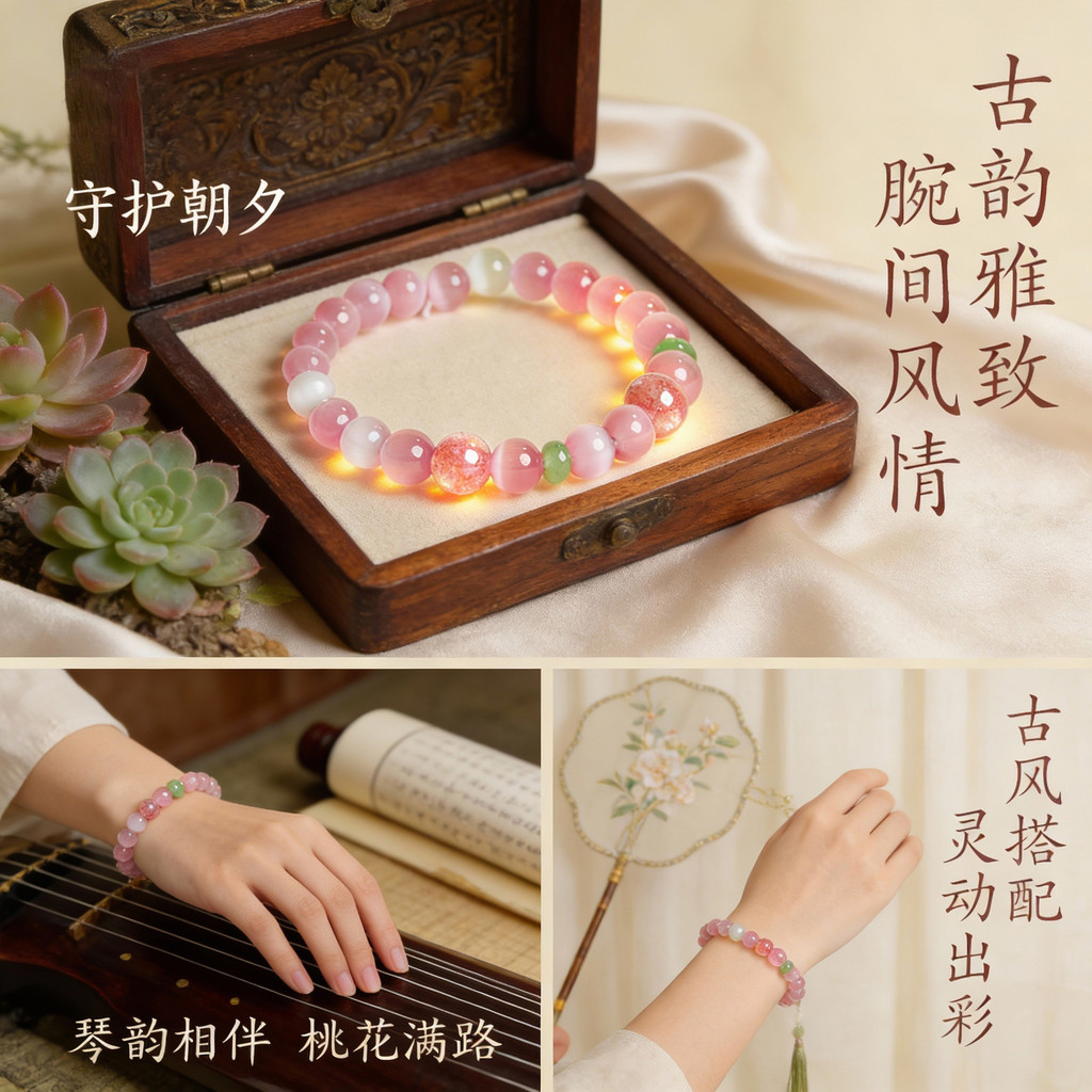 Vòng tay mắt mèo màu hồng phong cách Trung Quốc, mang lại may mắn và vẻ dễ thương