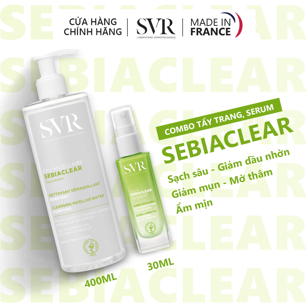 Combo làm sạch da, giảm thâm mụn sau 7 ngày Serum 30ML và Tẩy trang Sebiaclear 400ML (CBG12)