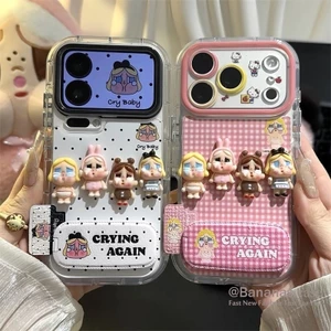 Ốp điện thoại trẻ em 3D DIY Cry + Đế gương da cho iPhone 16 15 14 13 12 11 Pro Max X Xr Xs Max 7 8 Plus SE2020