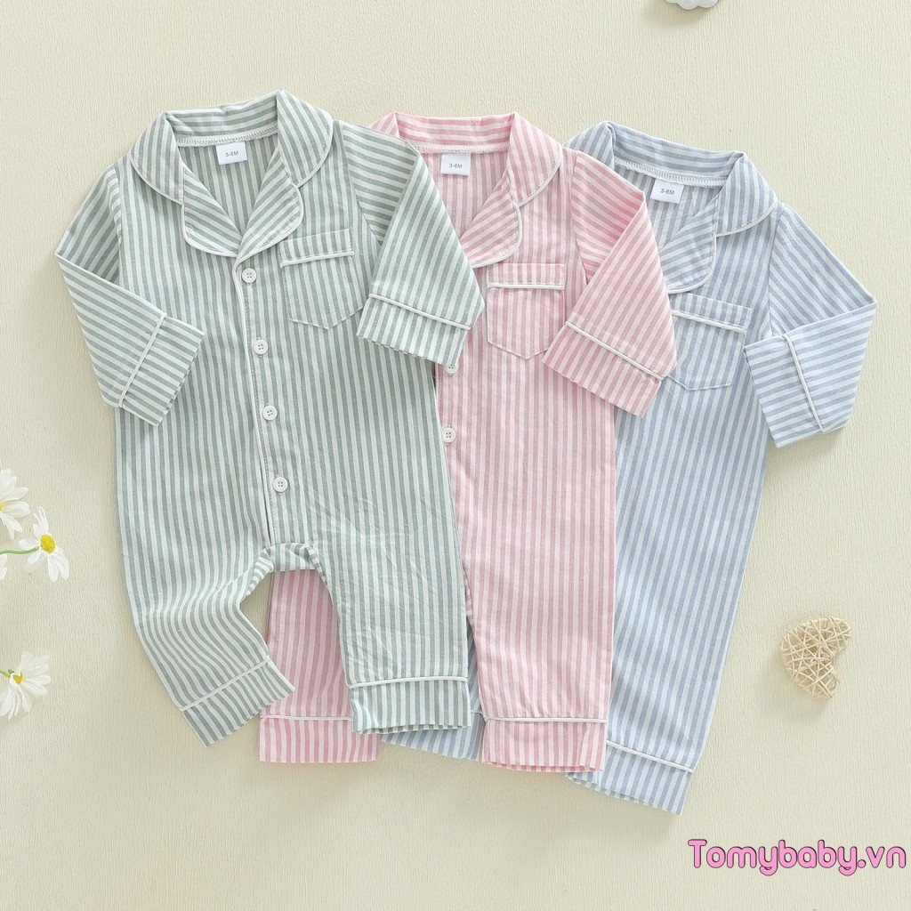 Bộ Đồ Ngủ Mùa Thu In Sọc Cho Bé Gái Bé Trai Dễ Thương Nút Xuống Ve Áo Cổ Chữ V Dài Tay Đồ Ngủ