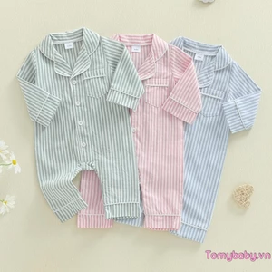 Bộ Đồ Ngủ Mùa Thu In Sọc Cho Bé Gái Bé Trai Dễ Thương Nút Xuống Ve Áo Cổ Chữ V Dài Tay Đồ Ngủ
