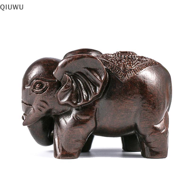 QIUWU Tượng Voi Sang Trọng Đồ Trang Trí Bằng Gỗ Thủ Công Retro Nhà Phong Thủy Để Bàn Trang Trí Tượng Voi Khắc Tự Nhiên.
