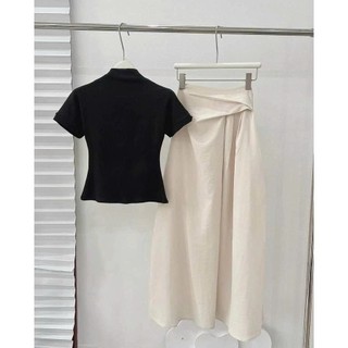 Set Áo Zip Đen Mix Chân Váy Đũi Xoắn Eo Dáng Dài Hàng 2 Lớp Siêu Xinh, Set Đồ Bộ