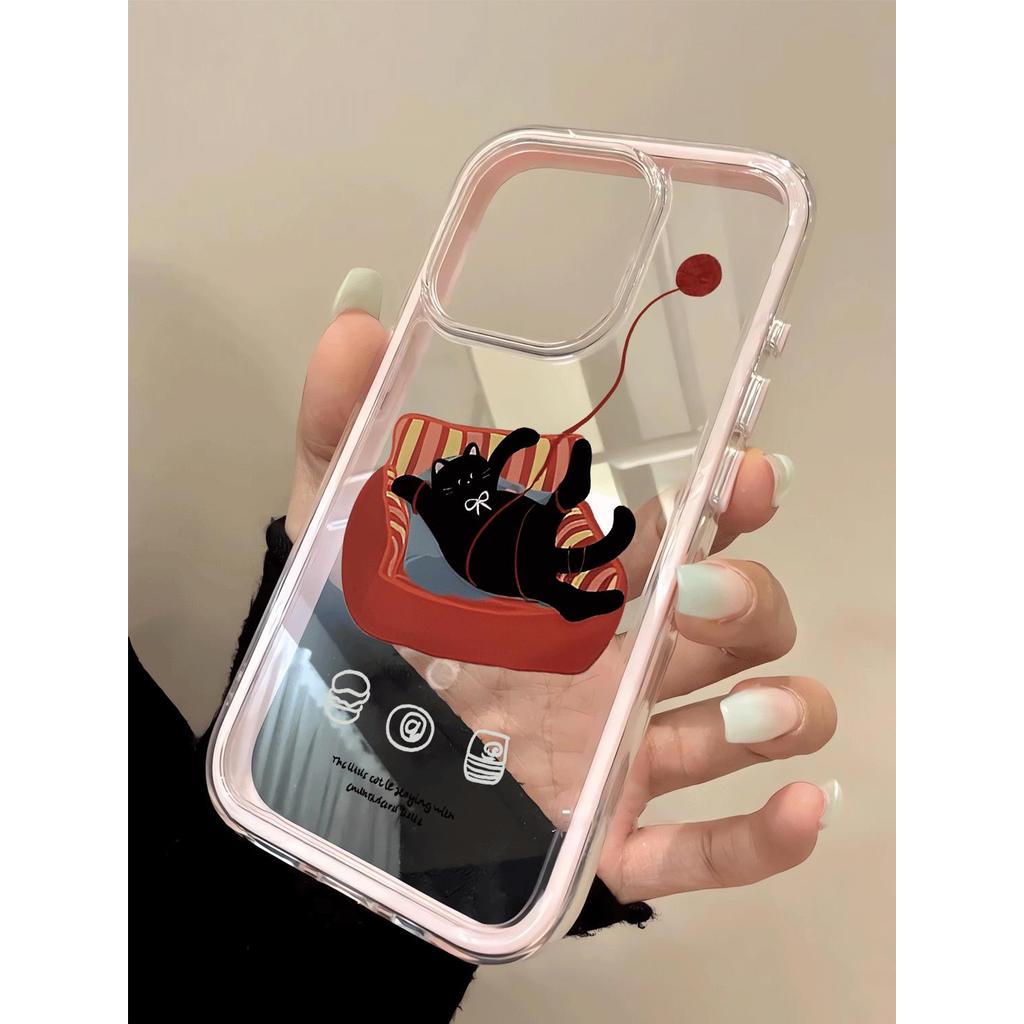 Ghế sofa đỏ nằm phẳng mèo đen cho 16 trường hợp iPhone 17Air 3 trong 1 bezel 14 13 11Pro