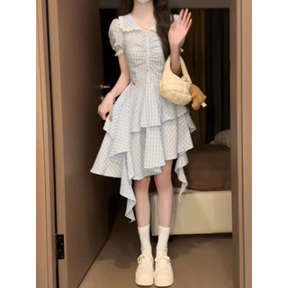 Đầm Xòe Caro Nữ Tầng Bèo,Váy Ngắn Tiểu Thư Dễ Thương,Tay Phồng Tôn Dáng,Phong Cách Hàn Quốc