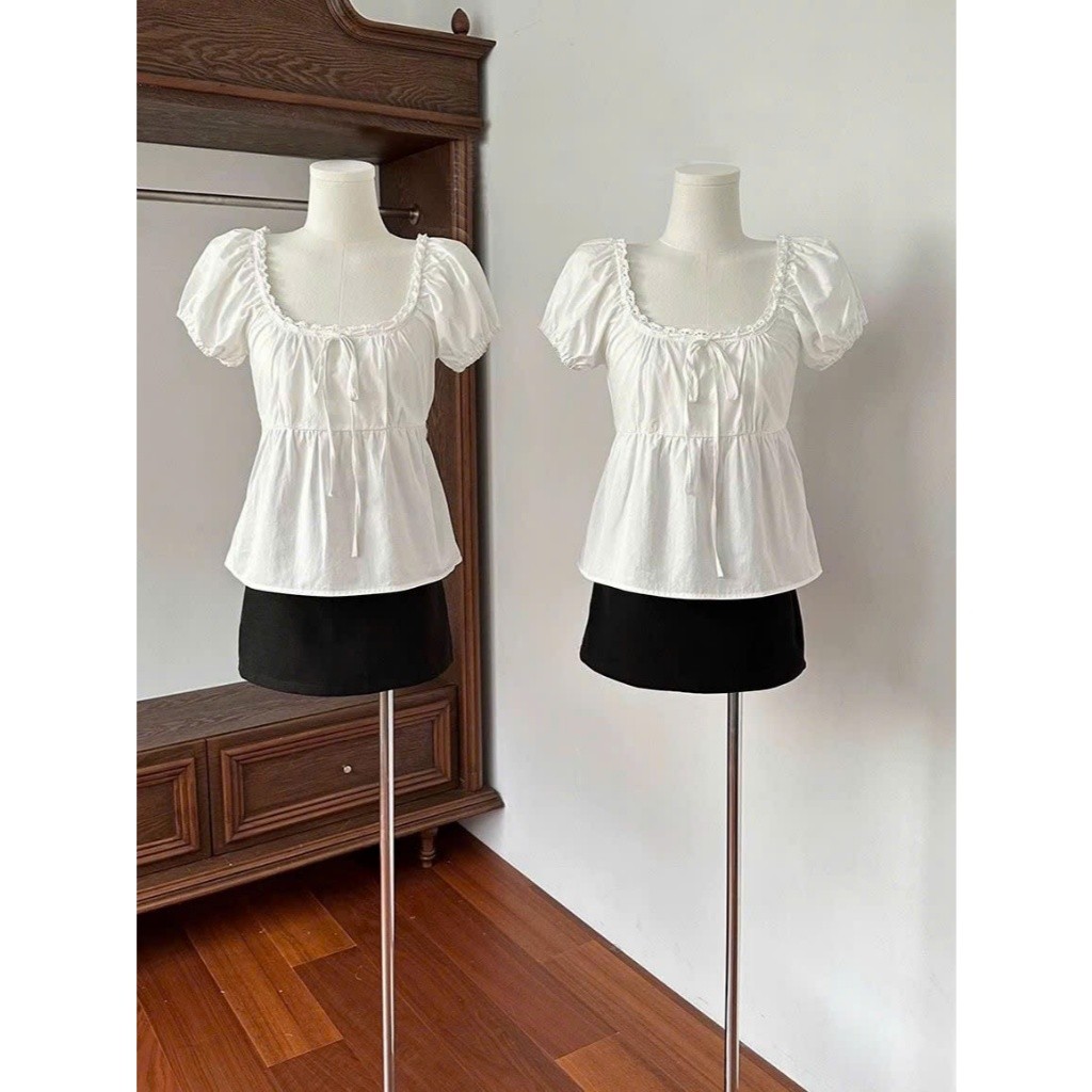 Áo babydoll ngắn tay cổ ren phối nơ kiểu Pháp dễ thương XIMIMI SP442