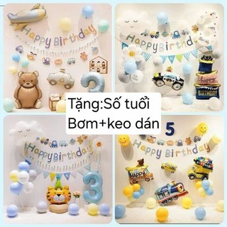 (MIỄN SHIP) Sét trang trí sinh nhật ô tô tone xanh mới cho bé trai kèm trụ bóng 7 nhánh tặng bơm ,keo dán.số tuổi DF31