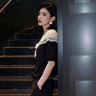Áo Len Cổ Chữ V Tay Ngắn Nữ Nơ Ren Khâu Đen Mùa Hè Mỏng Áo Chui Đầu