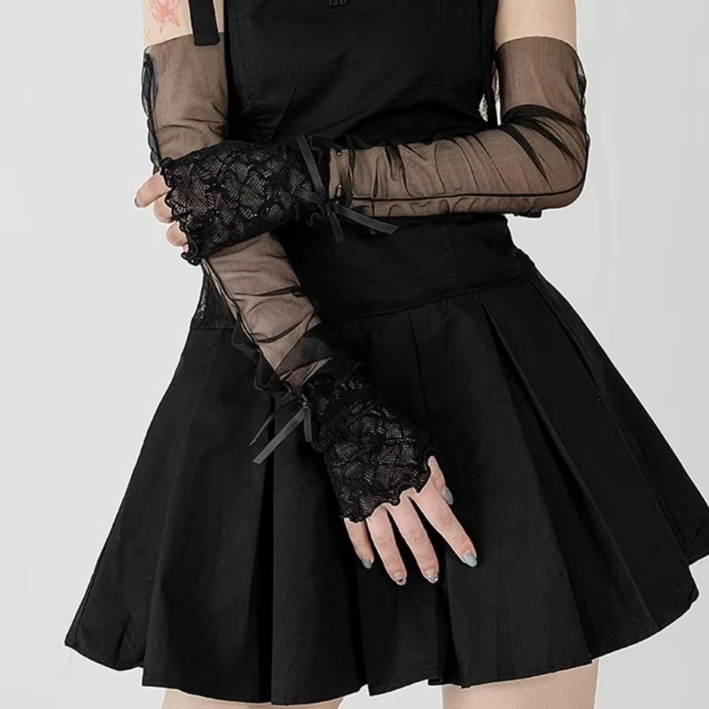 Găng Tay Lưới Không Ngón FEDAOG - Ren Nơ, Sheer Tulle, Phong Cách Gothic Chống Nắng