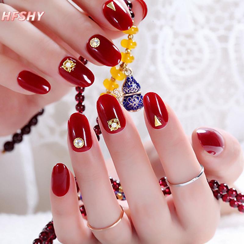HFSHY 24 Chiếc Móng Tay Giả Đỏ Rượu Vang Đầu Tròn Kèm Keo Dán, Bấm Vào, Có Thể Tháo Rời Cho Nữ VN