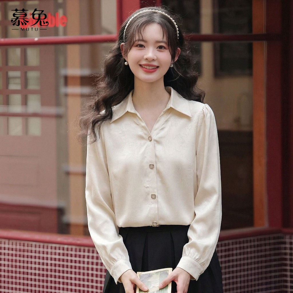 Mutu Áo sơ mi nữ phong cách Pháp cổ chữ V vai dài, chính hãng, phù hợp mùa xuân mới với thiết kế ôm dáng sang trọng