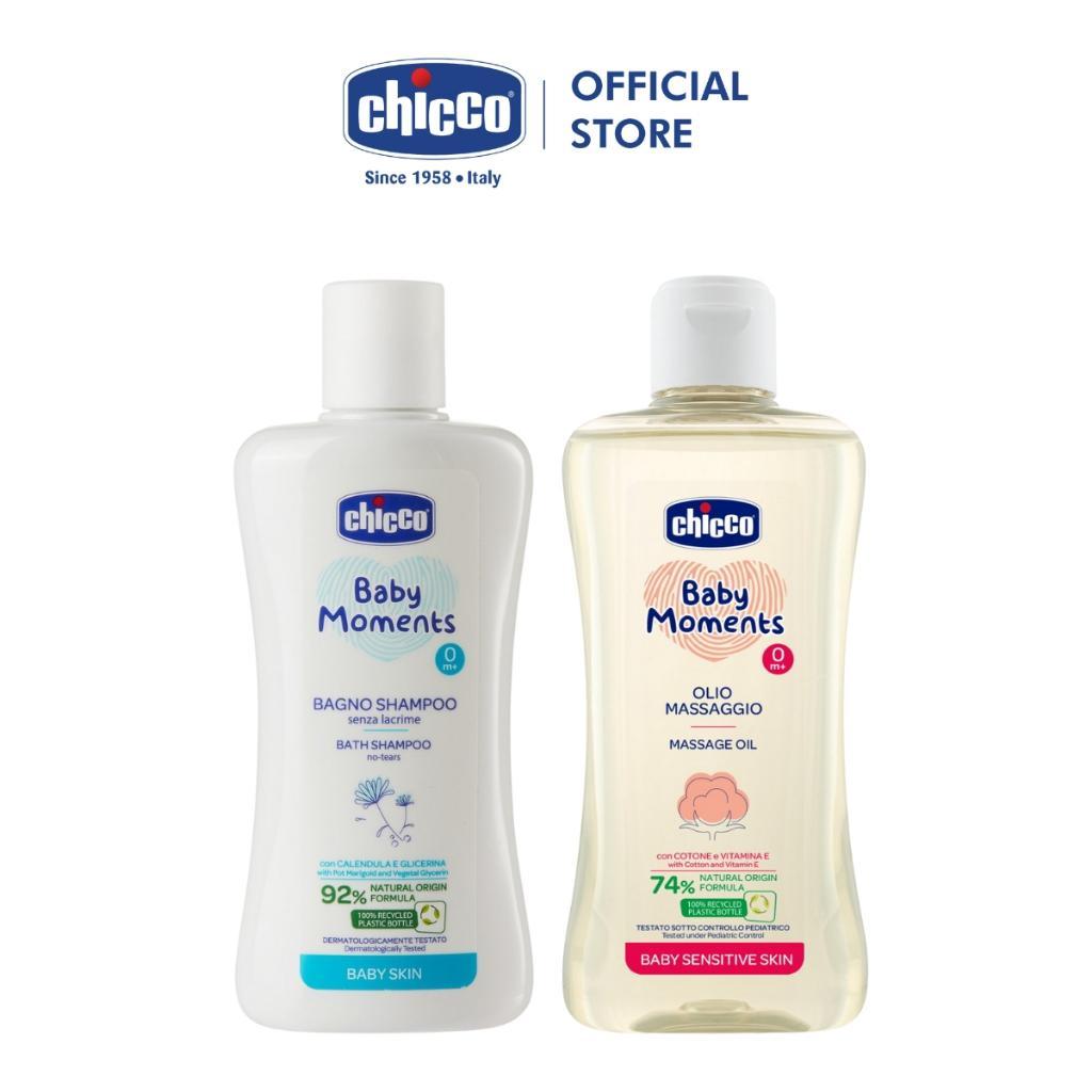 (Tặng túi đựng) Combo Chicco mềm mịn 6 (Sữa tắm gội Hoa cúc 200ml & Dầu mát-xa Hạt Bông)