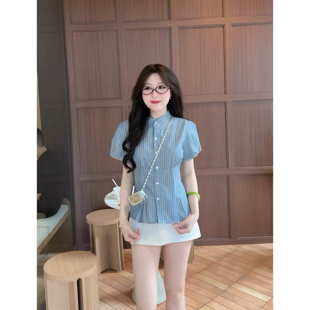 Áo sơ mi cổ tàu KENCO chiết eo kẻ linen xinh tay phồng - A9067