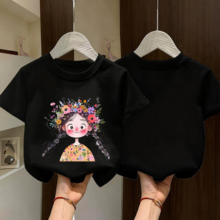 Áo thun in hình mèo dễ thương và bé gái, kiểu dáng hoạt hình thời trang, cổ tròn.