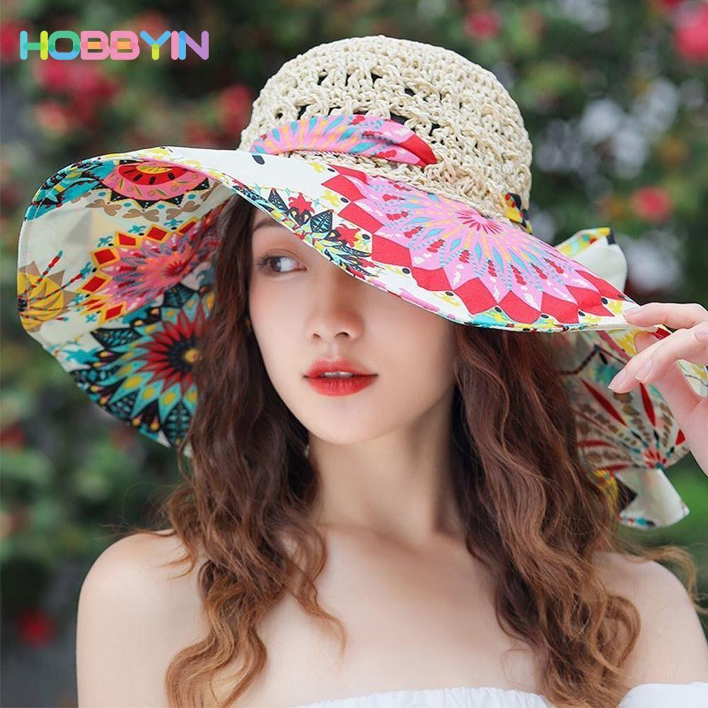 Mũ HOBBYIN Panama vành rộng gấp gọn, chống nắng UV, thời trang mùa hè dành cho nữ
