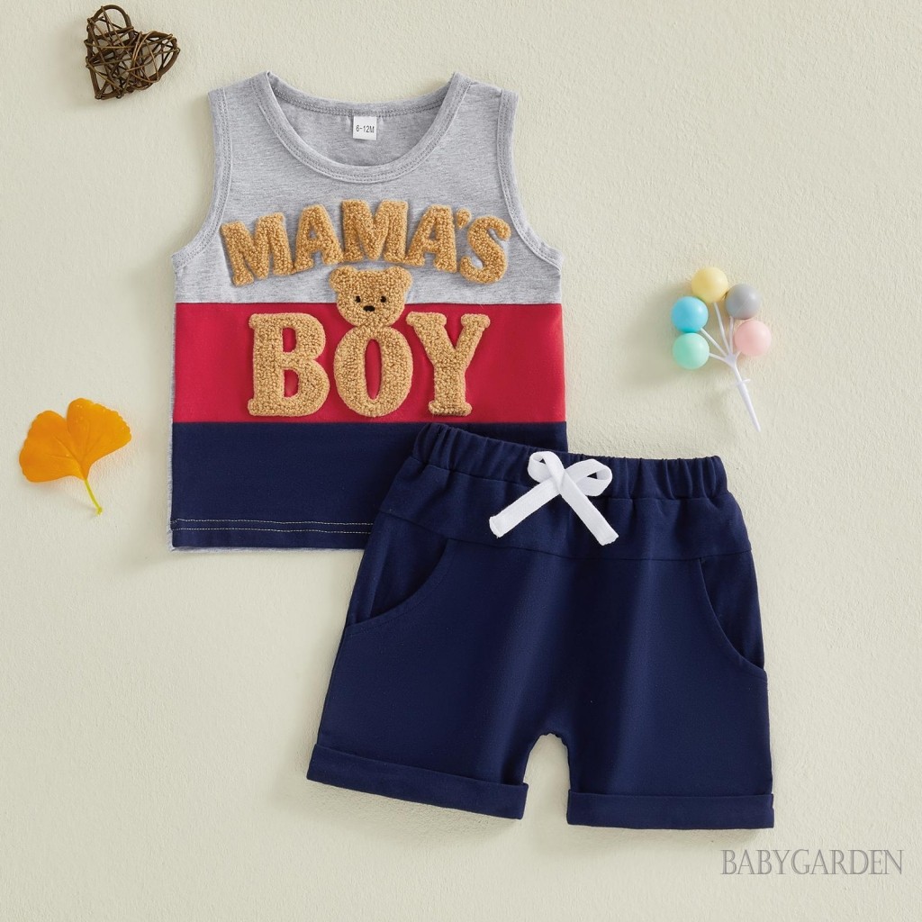 6M-4Y Bé Trai 2 Món Trang Phục Đáng Yêu Chữ Gấu Thêu Không Tay Cổ Tròn Áo Và Quần Short Mùa Hè