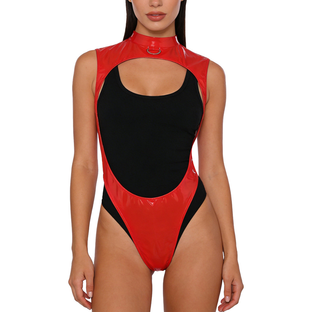 Nyeemya Nữ Da PU Bóng Body Mock Cổ Wit Kim Loại Chữ D Mở Mặt Trước Không Lưng Cao Cắt Leotard Áo liền quần Đồ Bơi Cho Hộp Đêm Rave Đảng