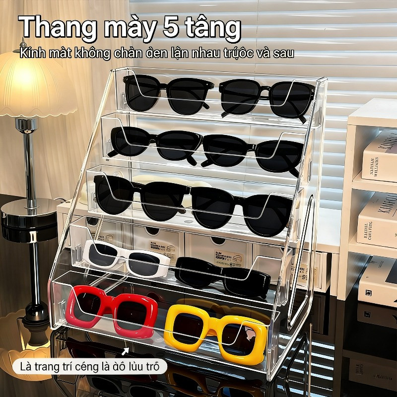 Giá để bàn dạng bậc thang 5 tầng trong suốt chất liệu PET, đa năng cất giữ mỹ phẩm, kính mắt