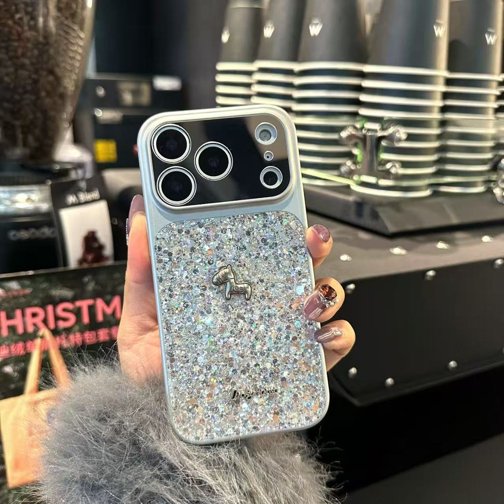Ốp điện thoại hình ngựa kim cương mờ + dây buộc cho IPhone 17 Pro Max 17 16 15 14 13 Vỏ điện thoại chống rung